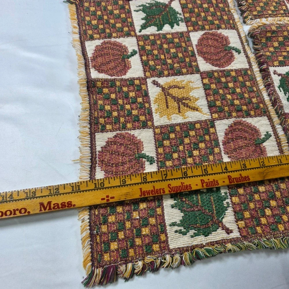 Set of 4 Fall Harvest Woven Tapestry Placemats Pumpkin Leaf Patchwork Fringed